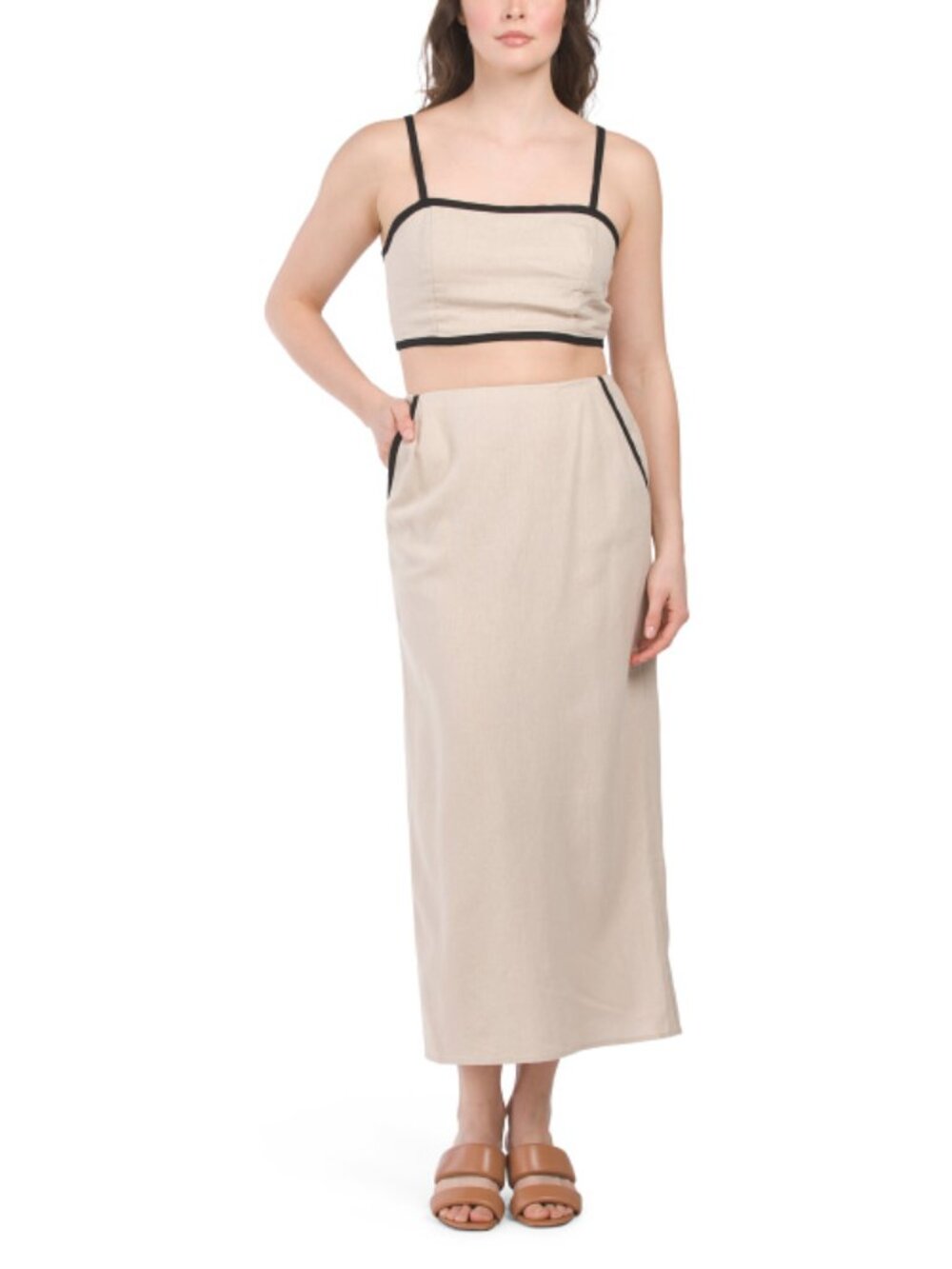 NWT House of Harlow 1960 Linen Blend Tipped Bralette Top And Skirt Set sz L
